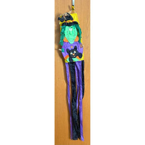 Vintage Halloween Witch & Black Cat Hanging Nylon Windsock 57" Indoor Outdoor